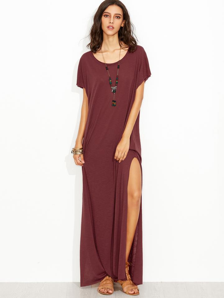 Romwe Burgundy Side Slit Loose Fit Maxi Tee Dress