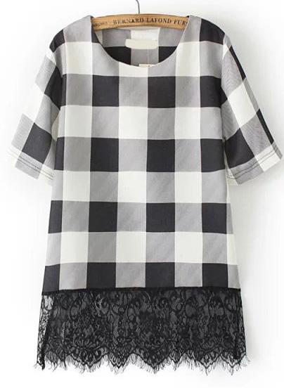 Romwe Contrast Lace Hem Plaid Black T-shirt
