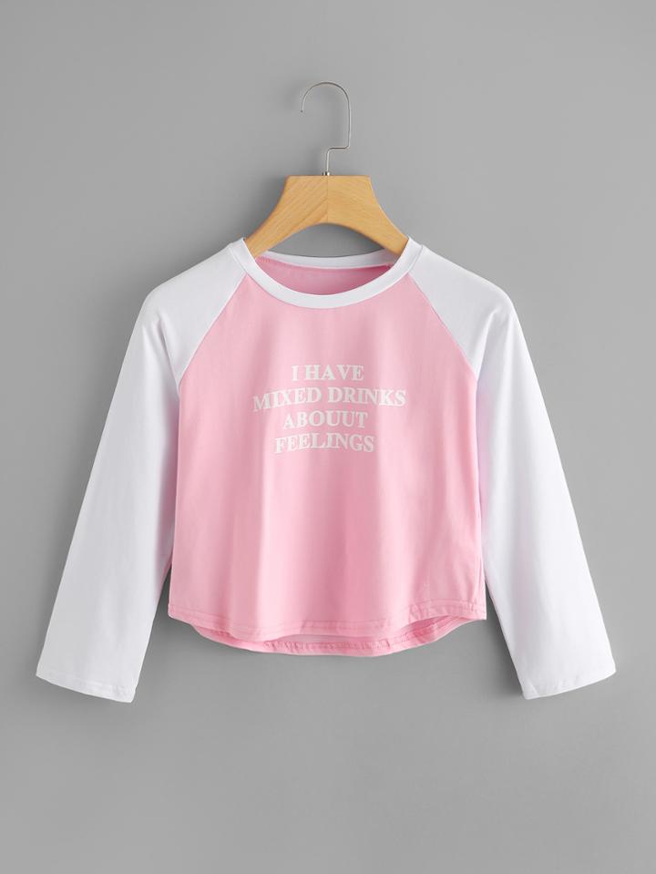 Romwe Slogan Print Raglan Sleeve Crop Tee