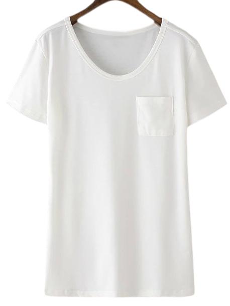 Romwe White V Neck Short Sleeve Pocket Casual T-shirt