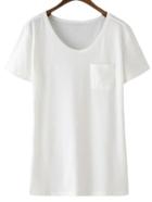 Romwe White V Neck Short Sleeve Pocket Casual T-shirt