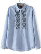 Romwe Blue Lapel Vertical Stripe Embroidered Blouse