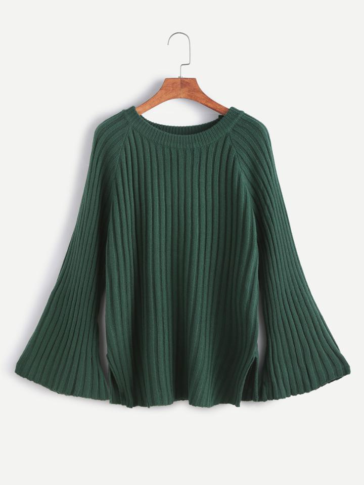 Romwe Dark Green Bell Sleeve Slit Side Sweater