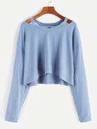 Romwe Blue Cut Out Neck Crop T-shirt