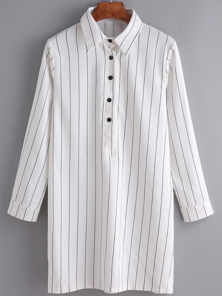 Romwe Vertical Stripe Buttons Long Blouse
