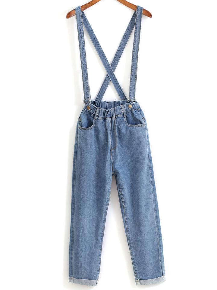Romwe Straps With Pockets Denim Jumpsuit