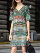 Romwe Multicolor V Neck Tribal Print High Low Dress