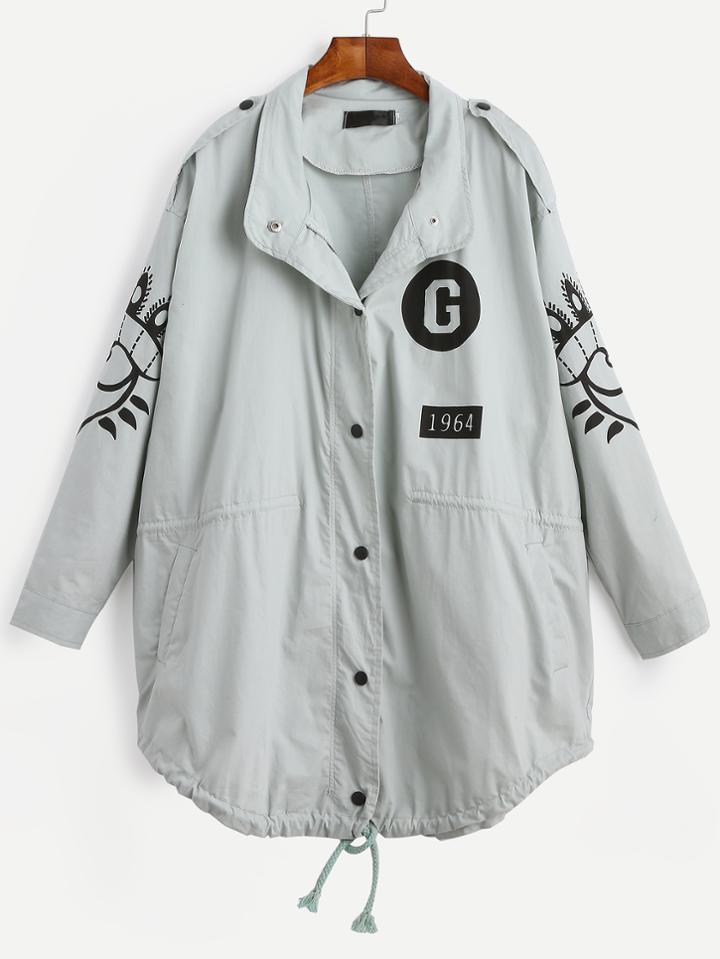 Romwe Print Slit Back Epaulet Drawstring Hem Coat
