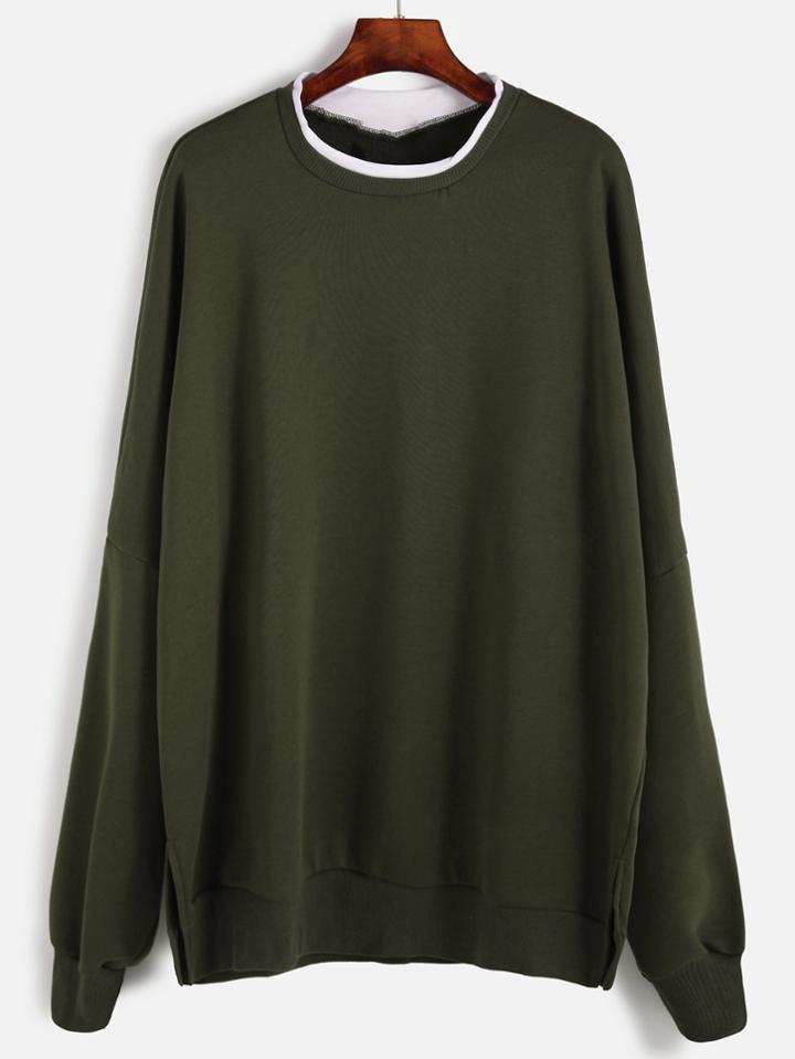 Romwe Dropped Shoulder Seam Contrast Neck Slit Side Sweatshirt