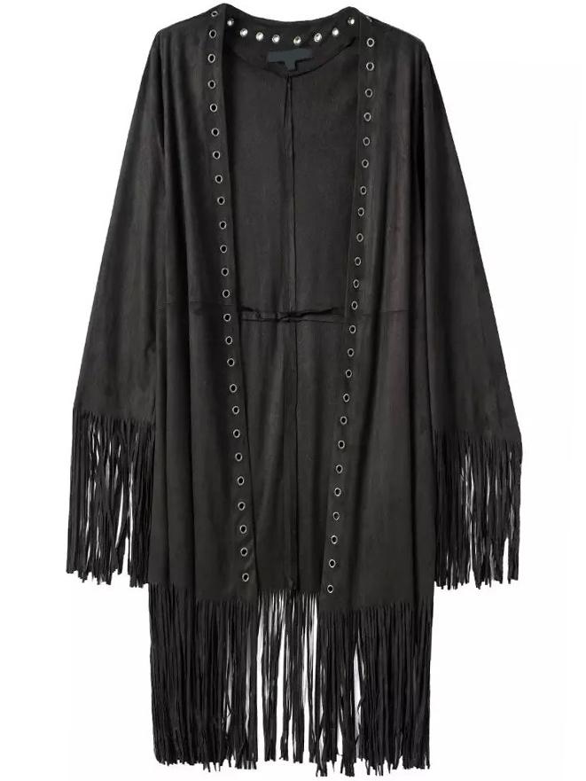Romwe Eyelet Fringe Suede Black Coat