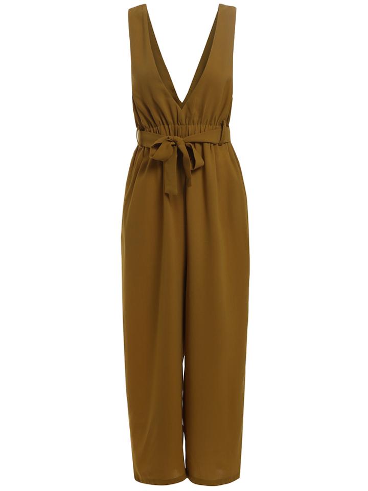 Romwe Deep Plunge Neck With Belt Jumpsuit