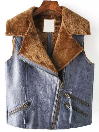 Romwe Lapel Zipper Pockets Suede Blue Vest