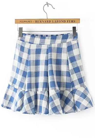 Romwe Elastic Waist Plaid Peplum Hem Blue Skirt