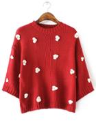 Romwe Red Flower Embellished Drop Shoulder Sweater