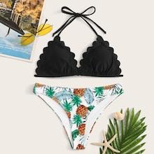 Romwe Scalloped Trim Halter Top With Random Pineapple Bikini