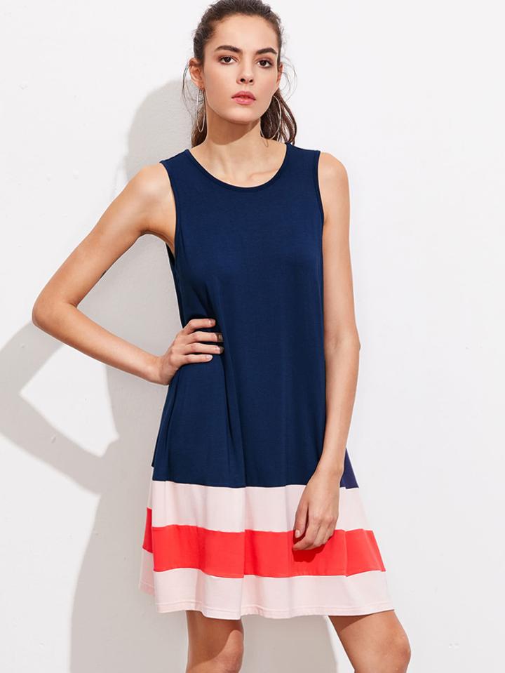 Romwe Cut And Sew Wide Stripe Hem Swing Tank Dress