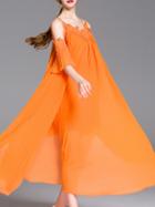 Romwe Orange Spaghetti Strap Backless Pleated Maxi Dress