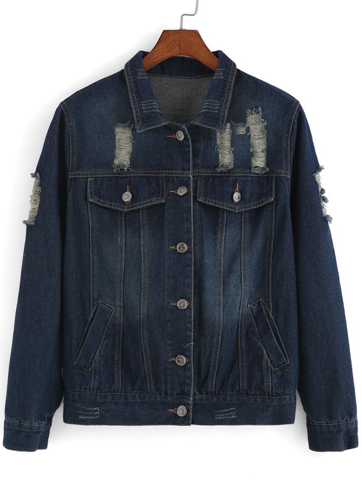 Romwe Ripped Single Breasted Denim Coat