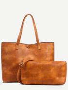 Romwe Camel Snap Button Top Tote Bag With Crossbody Bag