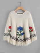 Romwe Embroidered Flower Applique Fringe Trim Fuzzy Poncho Jumper