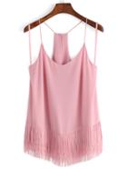 Romwe Pink Spaghetti Strap Fringe Chiffon Cami Top