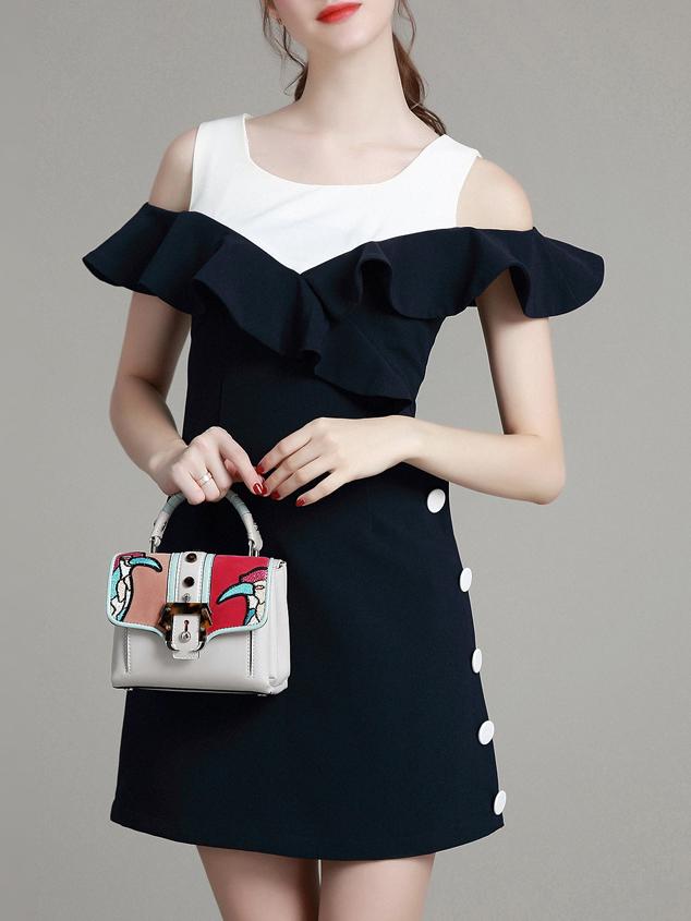 Romwe Navy Tank Neck Ruffle Dress