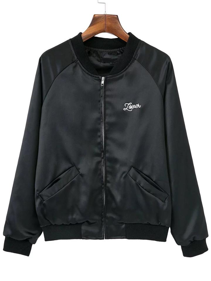 Romwe Black Letter Embroidery Raglan Sleeve Jacket