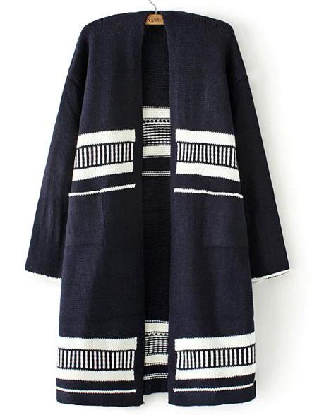 Romwe Long Sleeve Vertical Striped Blue Coat