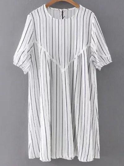 Romwe Navy Half Sleeve Keyhole Back Striped Dress