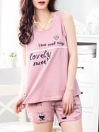 Romwe Letter Print Top & Shorts Pj Set