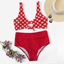 Romwe Gingham Scoop Neck Top With High Waist Bikini