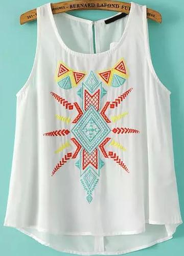 Romwe Round Neck Embroidered Chiffon Tank Top