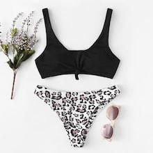 Romwe Leopard Knot Front Mix And Match Bikini Set