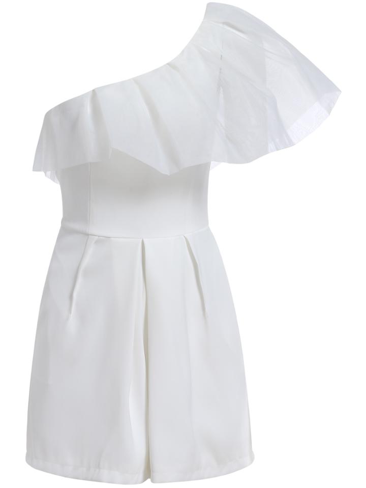 Romwe One-shoulder Ruffle White Jumpsuit