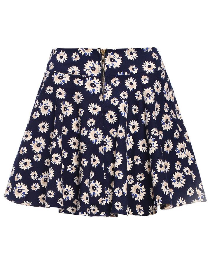 Romwe Daisy Print Zipper Skirt