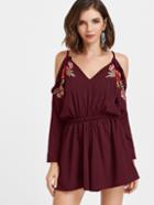 Romwe Frill Trim Embroidered Appliques V Back Romper