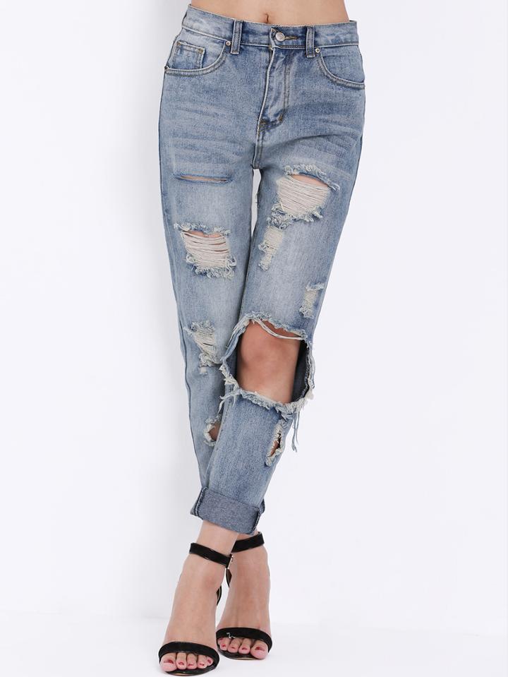 Romwe Ripped Denim Loose Pant