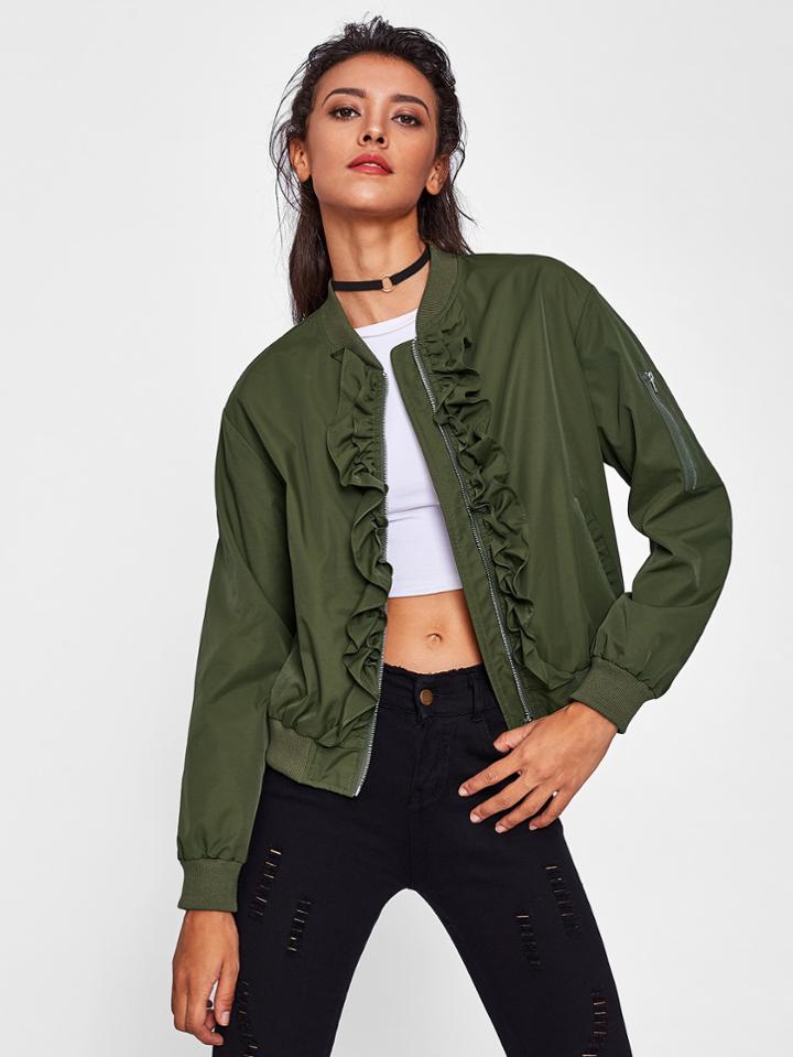 Romwe Frill Front Arm Pocket Detail Bomber Jacket