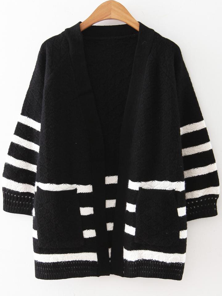 Romwe Black Striped Raglan Sleeve Pocket Sweater Coat