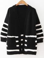 Romwe Black Striped Raglan Sleeve Pocket Sweater Coat
