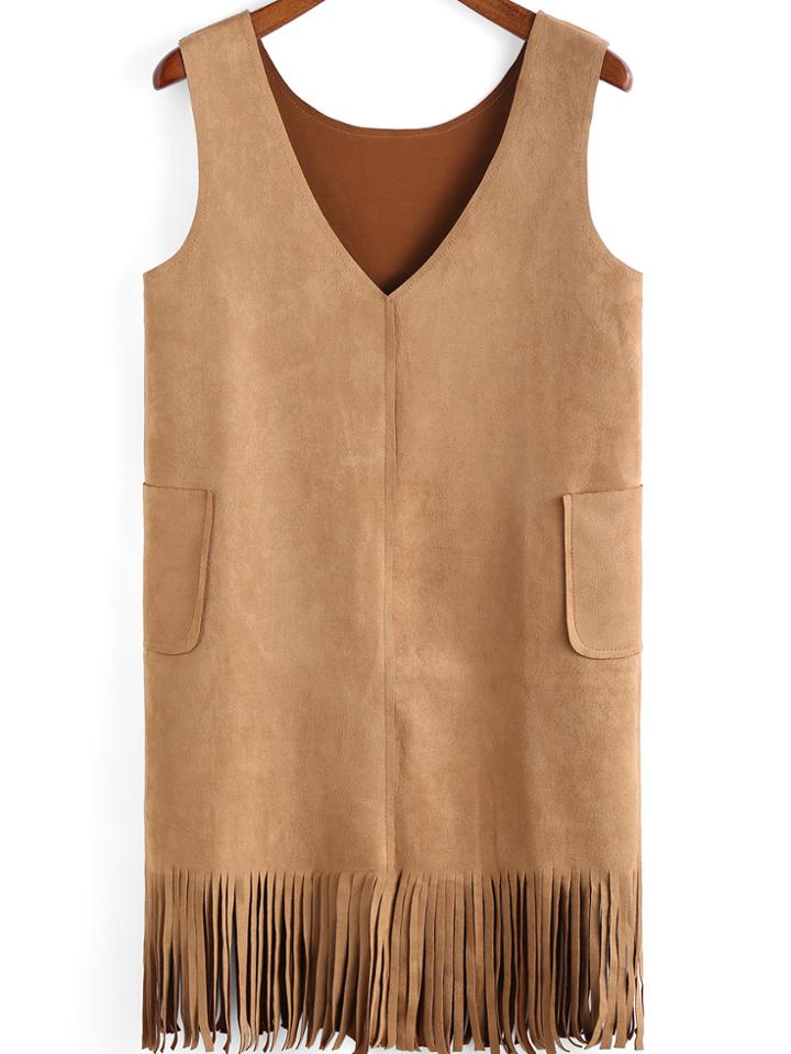 Romwe V Neck Sleeveless Tassel Khaki Dress