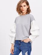 Romwe Mixed Media Tiered Sleeve Heathered Pullover