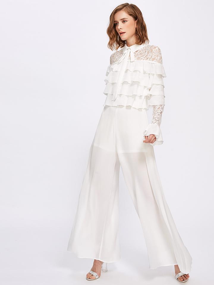 Romwe Lace Shoulder And Sleeve Layered Frill Detail Palazzo Jumpsuit