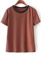Romwe Round Neck Vertical Striped Brown T-shirt
