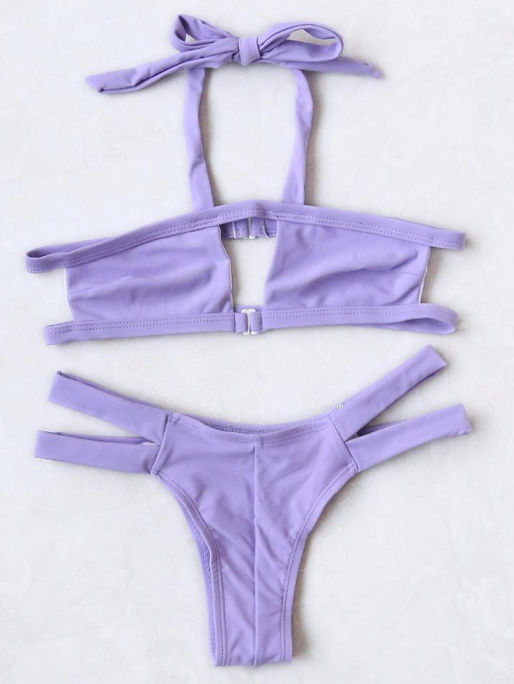 Romwe Purple Halter Cutout Design Bikini Set
