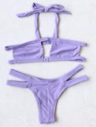 Romwe Purple Halter Cutout Design Bikini Set