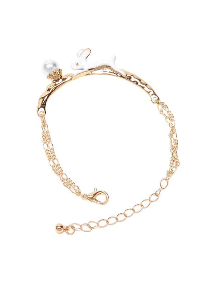 Romwe Gold Tone Faux Pearl And Rabbit Charm Chain Bracelet
