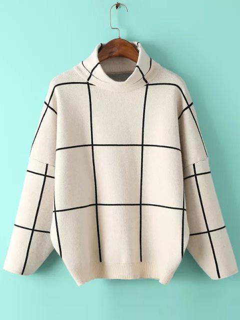 Romwe High Neck Plaid Loose Beige Sweater