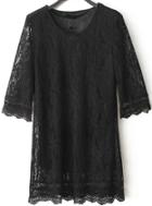 Romwe Round Neck Lace Shift Black Dress