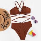 Romwe Criss Cross Drawstring V-plunge One Piece Swimwear